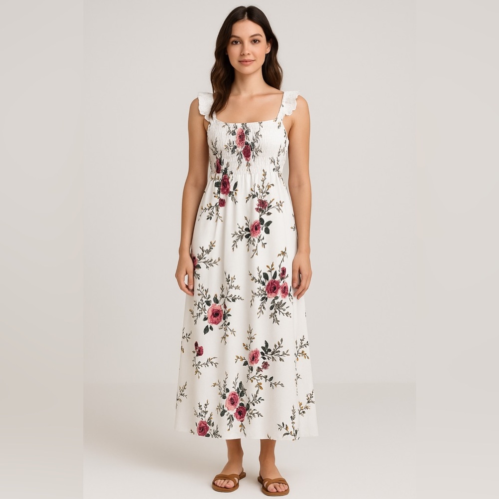 White Floral Smocked Maxi Sundress Sleeveless Summer Dress Size S